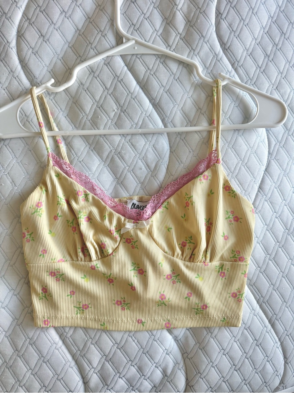 Princess Polly Yellow Floral Ribbed Bralette with Pink Lace Trim